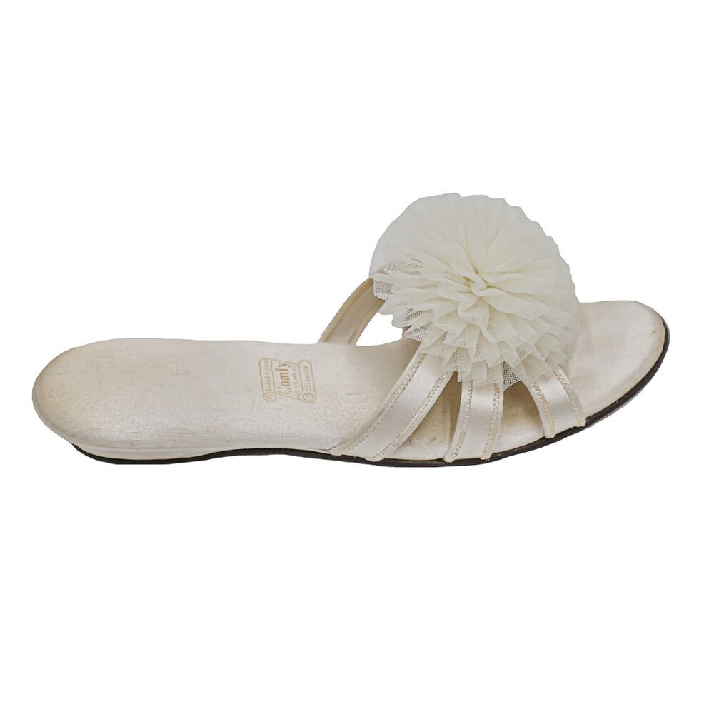 Vintage 50s White Satin Pom Pom House Slippers Retro Indoor Sexy Lingerie‎ Shoes